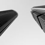 Brisbane business district skyscrapers on a cloudy day, viewed from below
