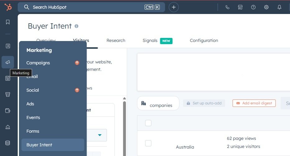 Buyer intent dashboard showing visitor activity and signals for lead qualification.