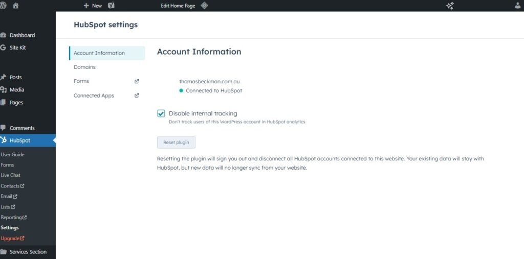 HubSpot settings in WordPress showing account connection and internal tracking option.